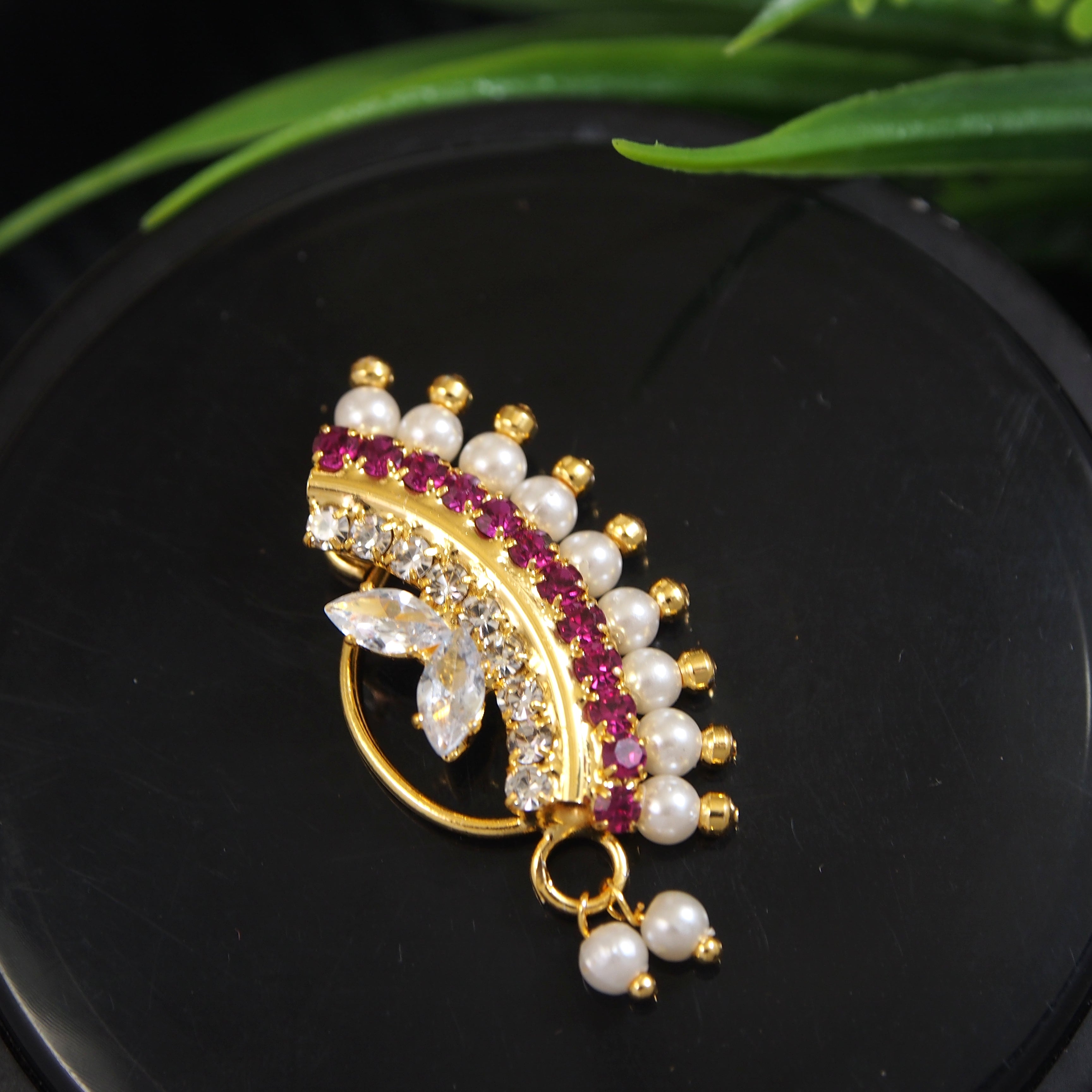 Gold Plated Traditional Ethnic Bridal Maharashtrian Nath Without Piercing Encased With Pearl Stone For Women/Girls